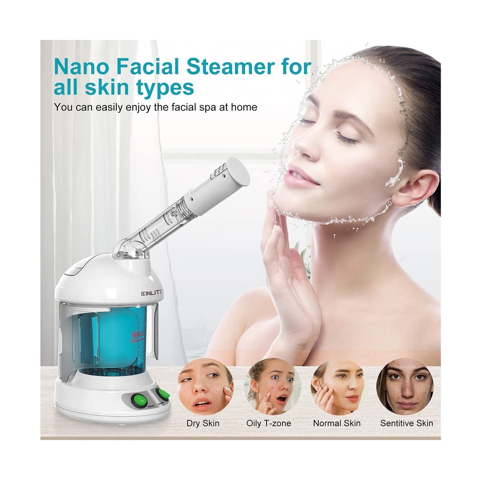KINLITO Facial Steamer – Ozone Steamer with 360° Rotatable Arm – 40 Min Ste