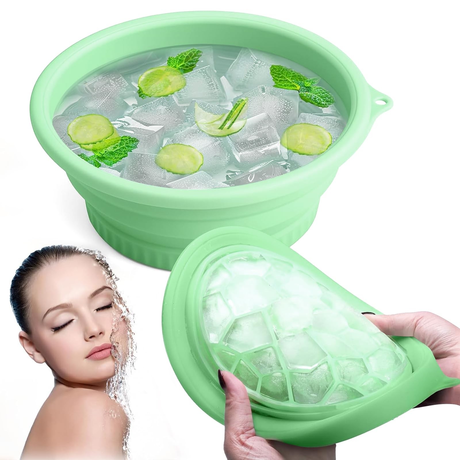 MEIZHJJU Facial Ice Bath Bowl with Built-in Tray, Foldable Face Green