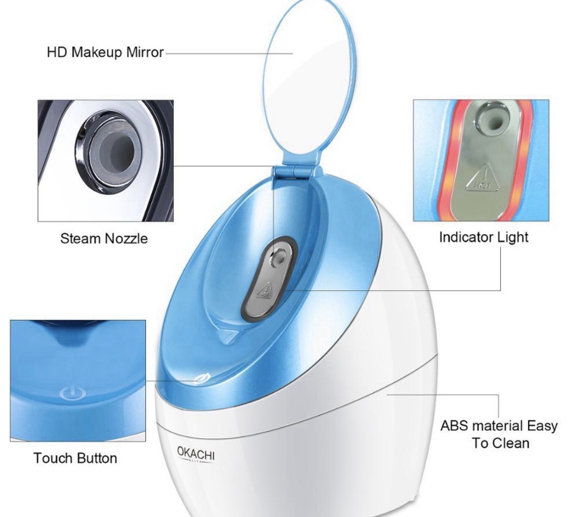 OKACHI Facial Steamer HD Makeup Mirror UV Sterilization Touch Button Blue White