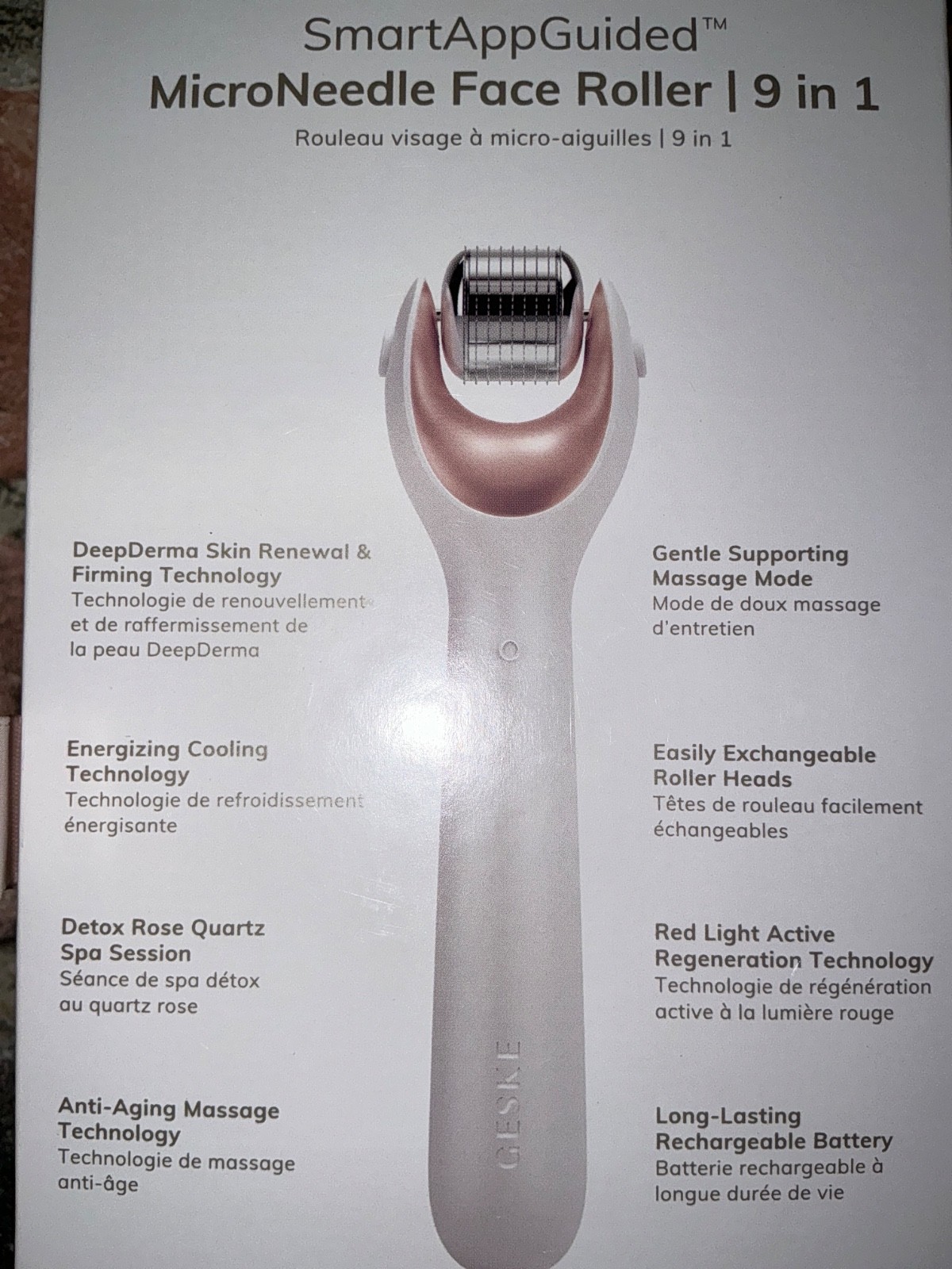 GESKE Smart MicroNeedle Face Roller 9 in 1 Rechargeable Rose Quartz Cooling NIB
