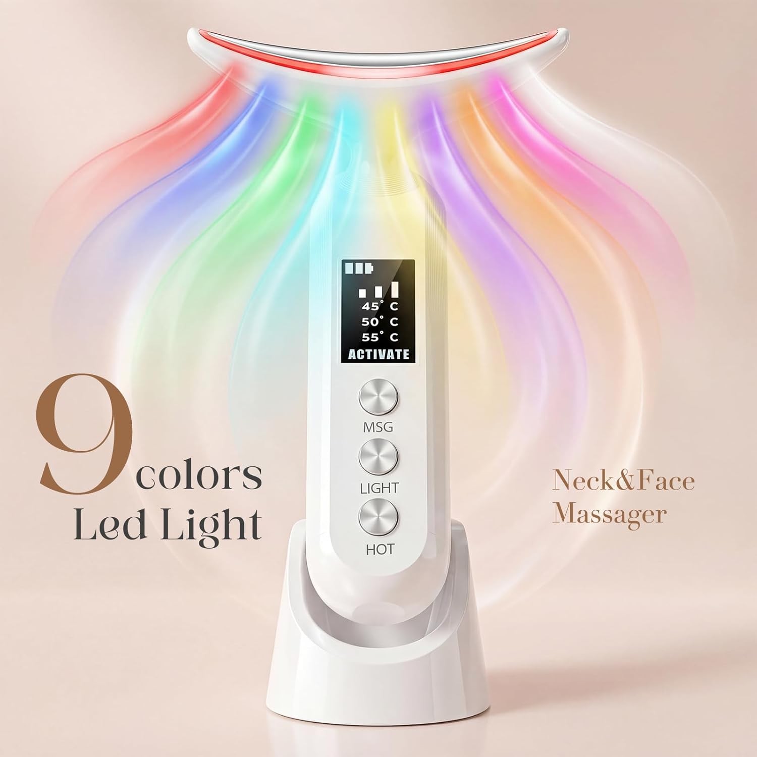 9Color LED Face Massager Neck Wrinkles Tightening Wand Skin Care Vibration White