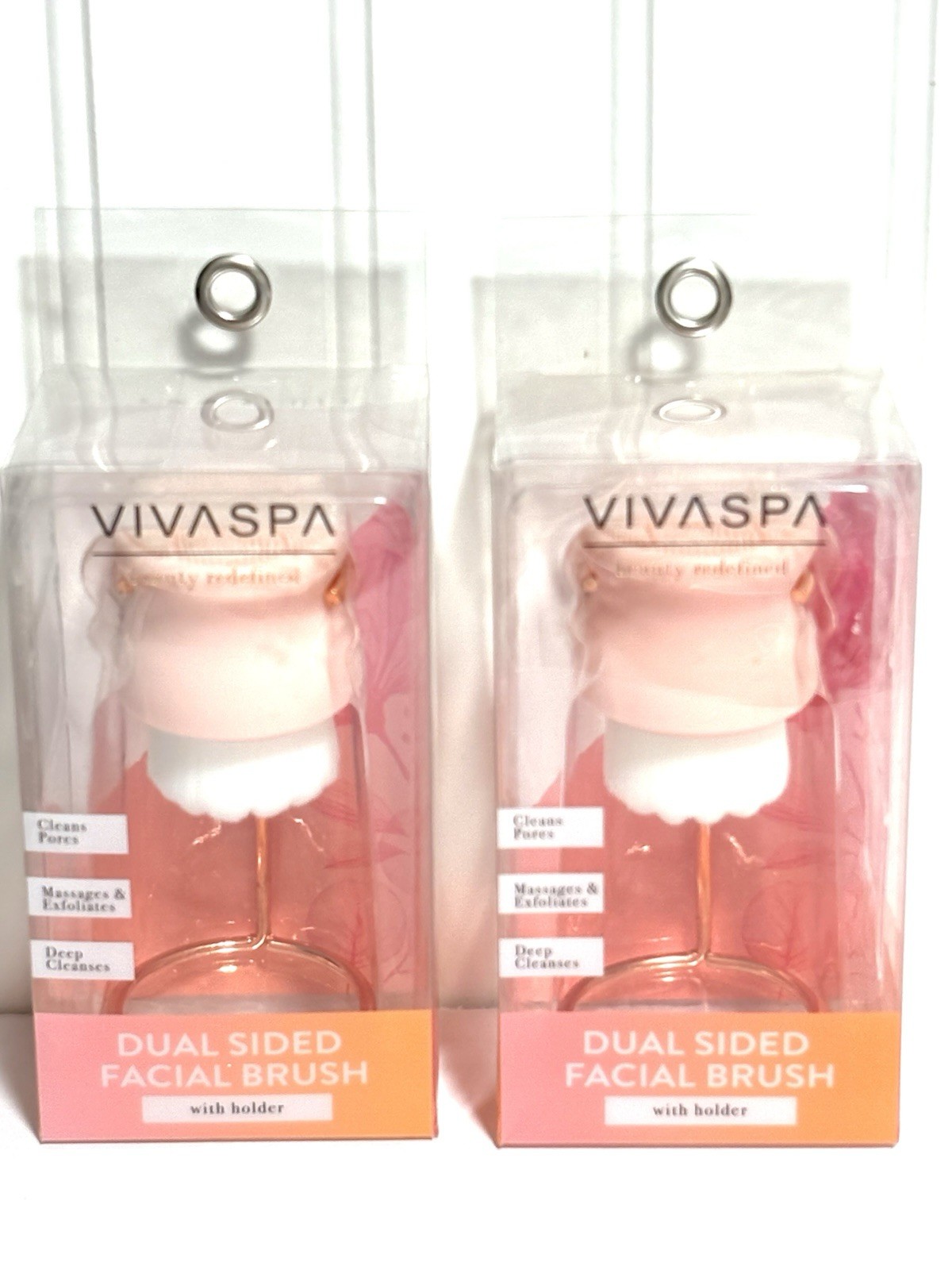Lot Of 2 New VivaSpa Dual Sided Facial Brush w Holder Cleans Pores Exfoliating