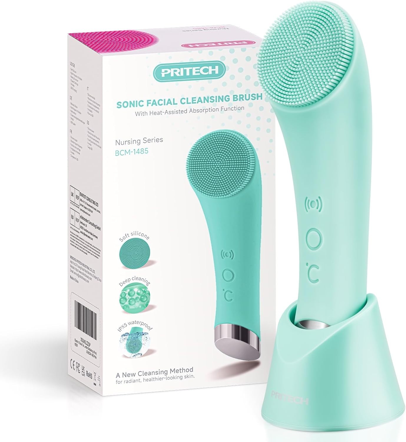 Rechargeable Silicone Facial Cleansing Brush, Heat Massage Vibrating Face Scrubb