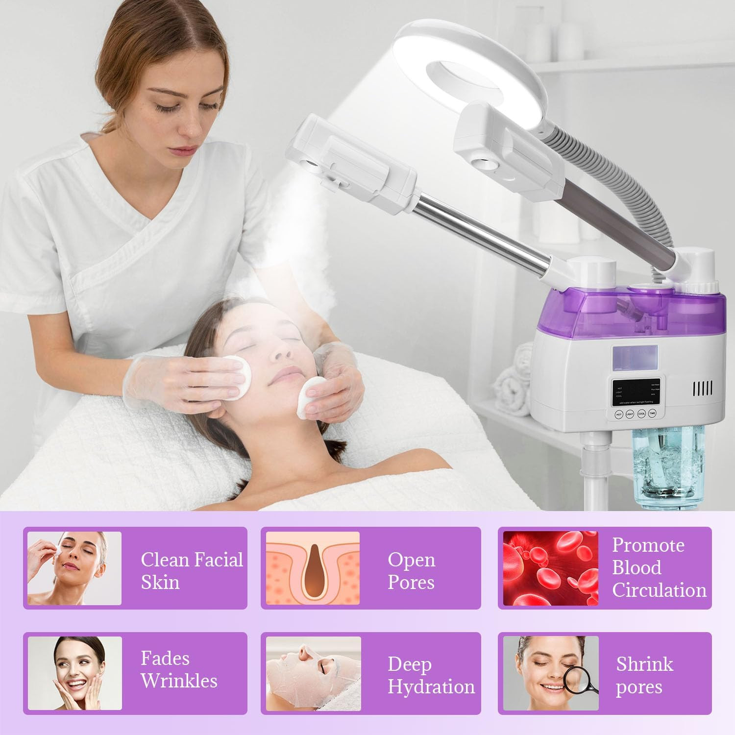 3 in 1 Facial Steamer,Professional Facial Steamer with 5X Magnifying LED Lamp, E