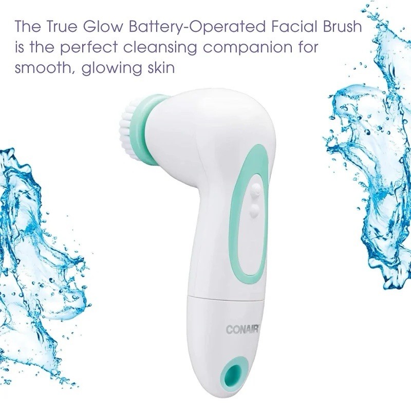 Conair True Glow Battery Facial Brush, Waterproof, 2 Speeds, 3 Heads, Mint Green