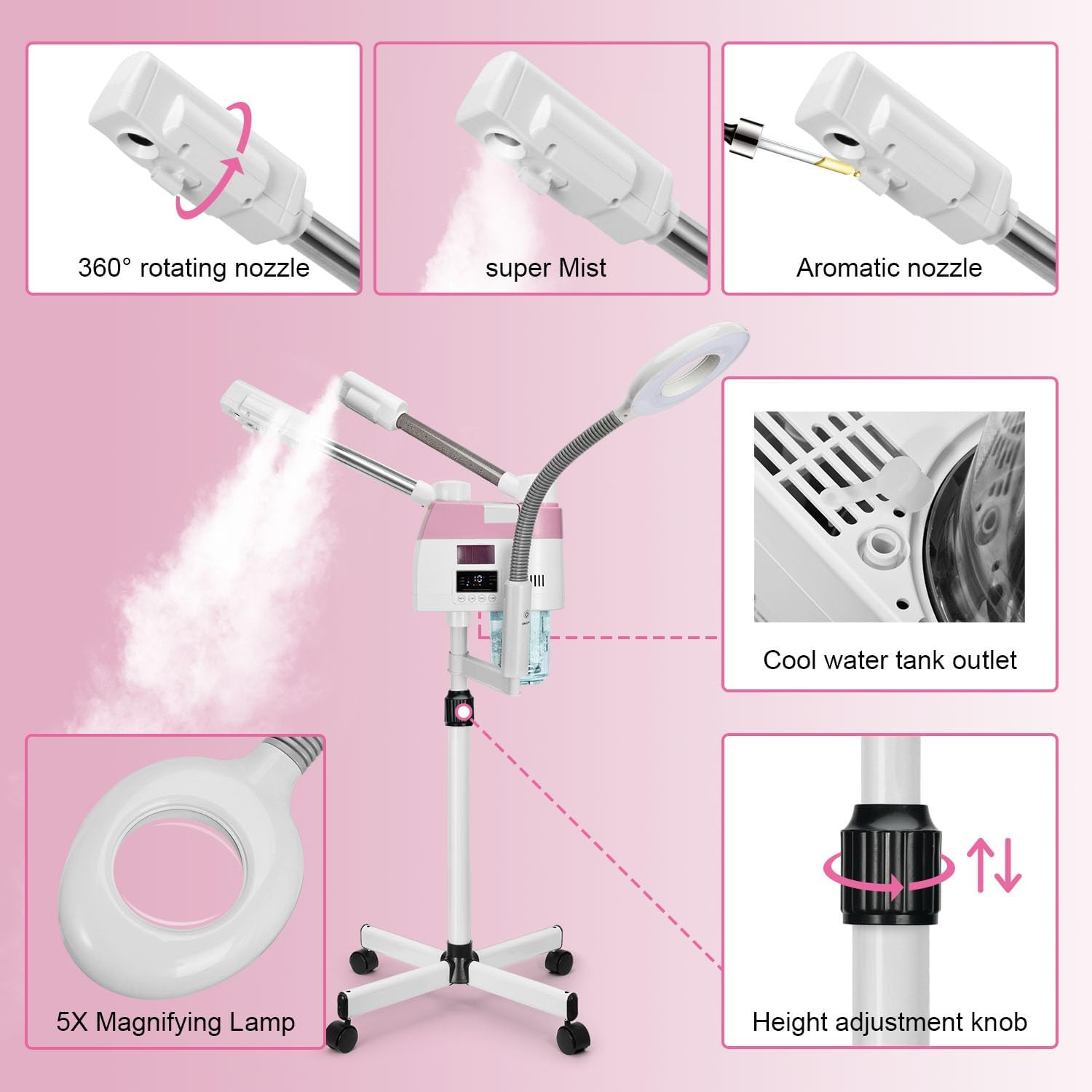 Professional Facial Steamer, 3 in 1 Facial Steamer with 5X Magnifying Lamp Hot&C