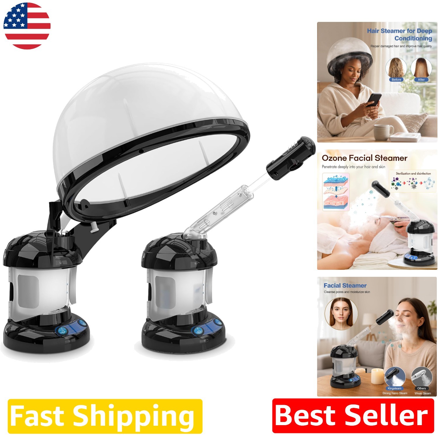 Professional 2-in-1 Hair & Facial Steamer with Ozone, Black