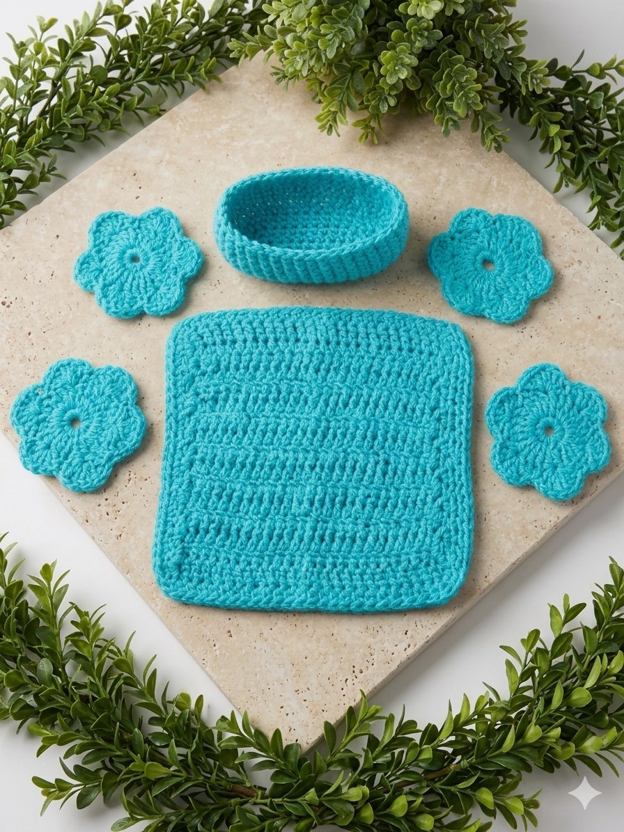 Handmade Crochet Spa Set: Reusable Face Scrubbies, Washcloth & Basket Holder