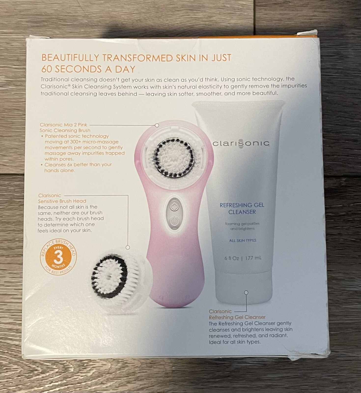 Clarisonic Mia 2 Sonic Skin Cleansing System-White w/ Extra Head +Gel Cleanser