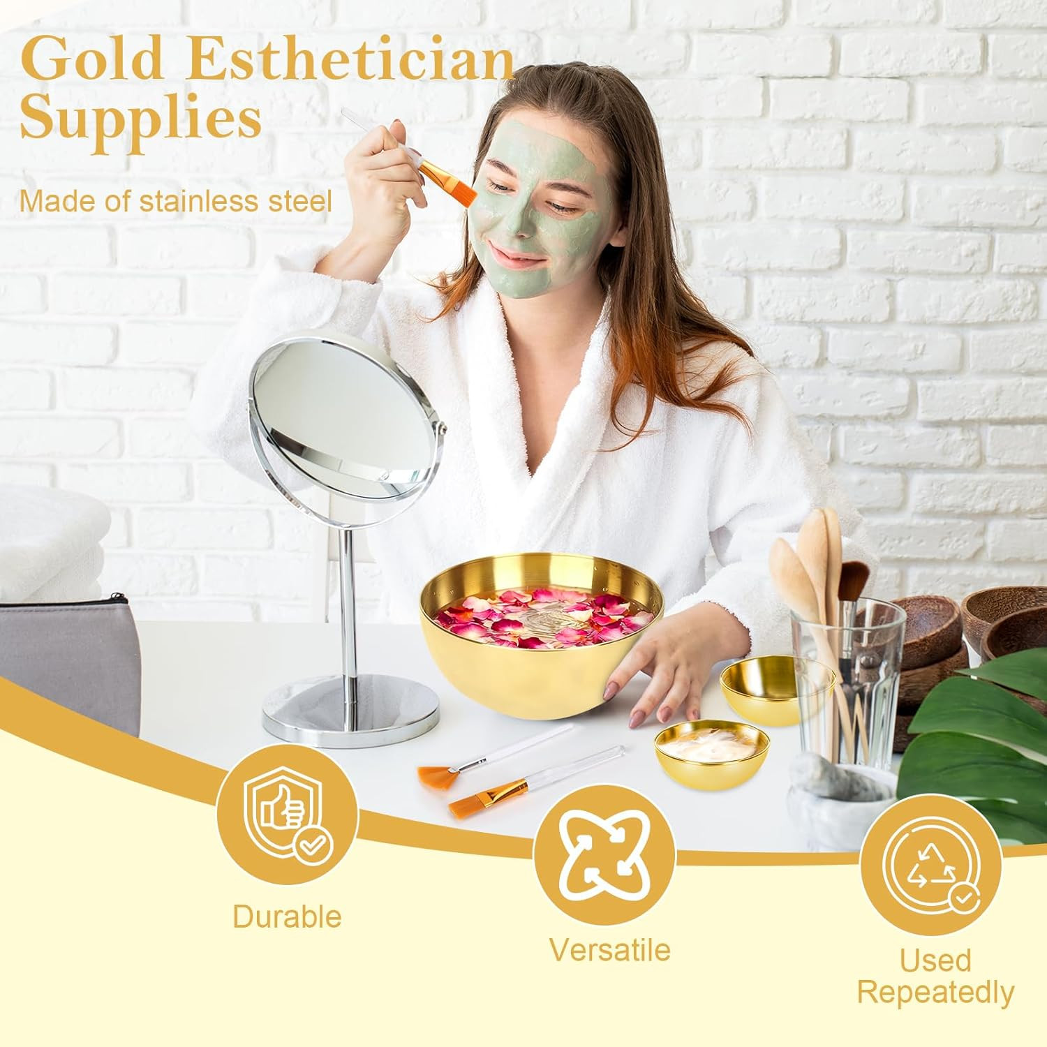 26 Gold Esthetician Supplies 3 Fan Brushes Esthetician 3 Facial Mask Mixing Bowl