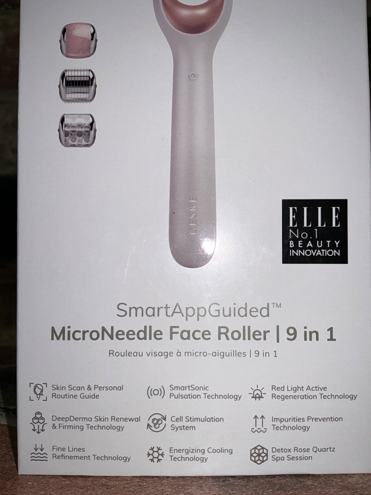 GESKE Smart MicroNeedle Face Roller 9 in 1 Rechargeable Rose Quartz Cooling NIB