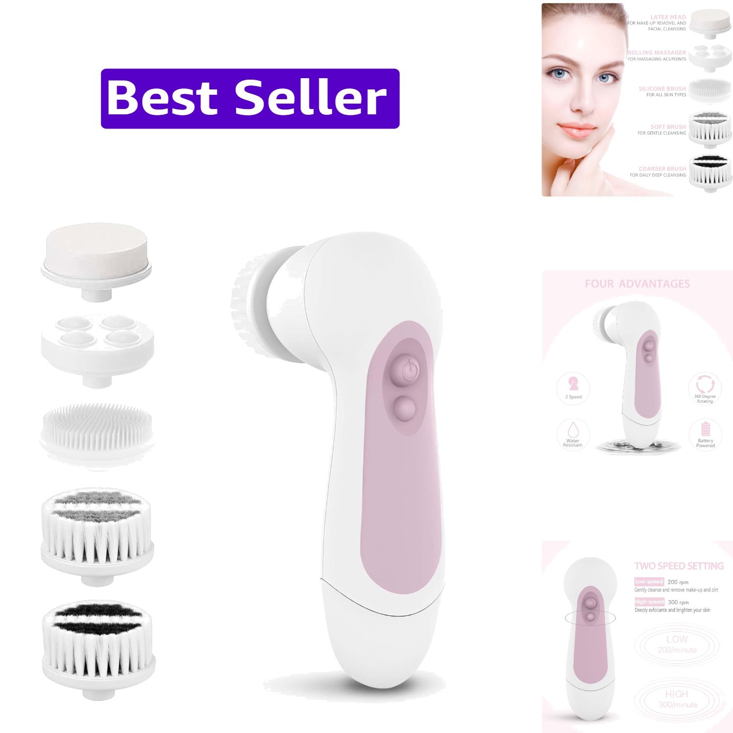 Waterproof Facial Cleansing Spin Brush Set with 5 Exfoliating Brush Heads – E…