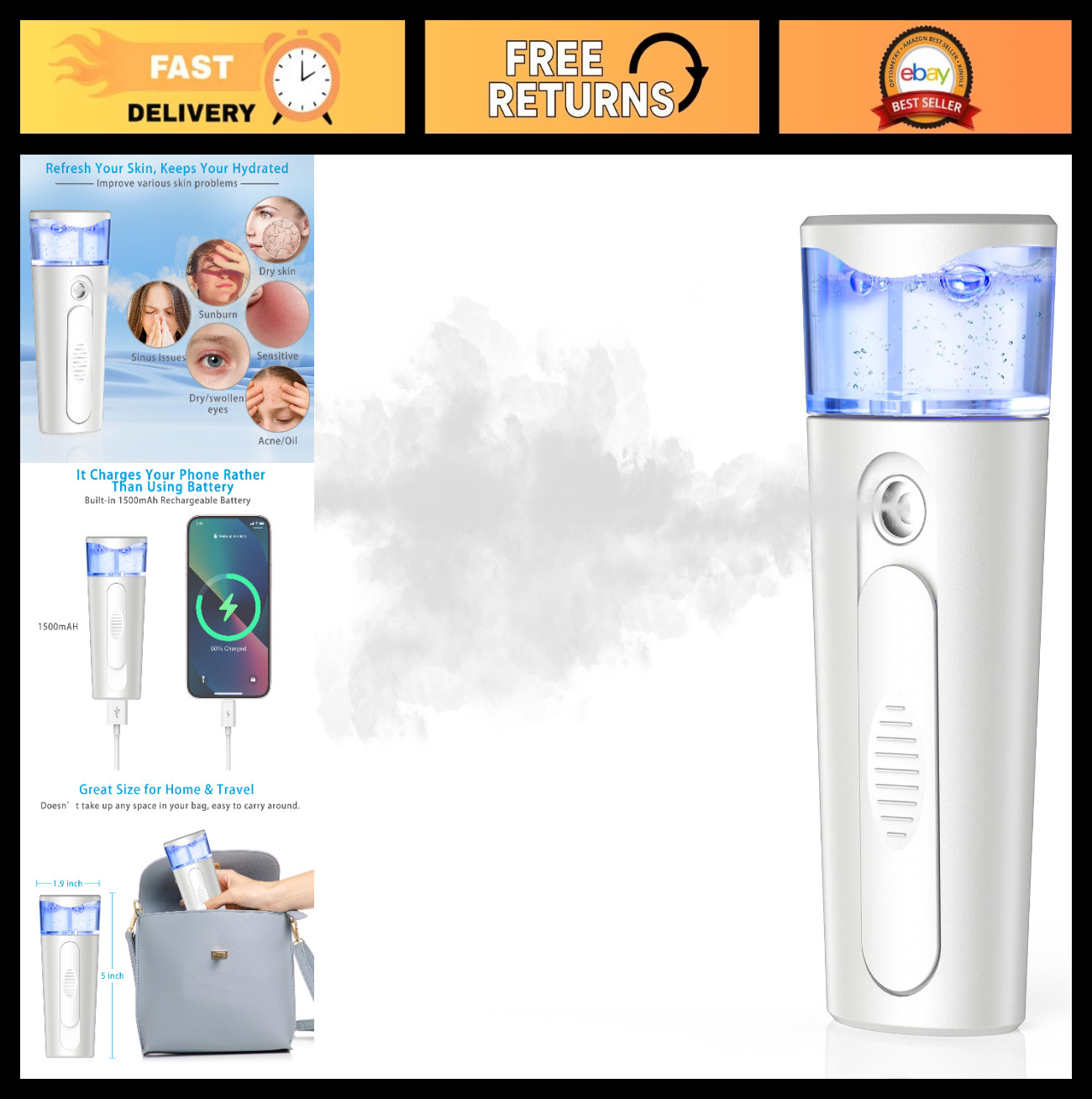Portable Nano Face Mister, USB Rechargeable Facial Steamer, Cool Mist Sprayer, 4