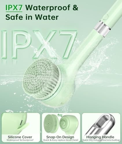 Waterproof Electric Body Brush with Long Handle, 5 Heads, 3-Speed Rechargeable S