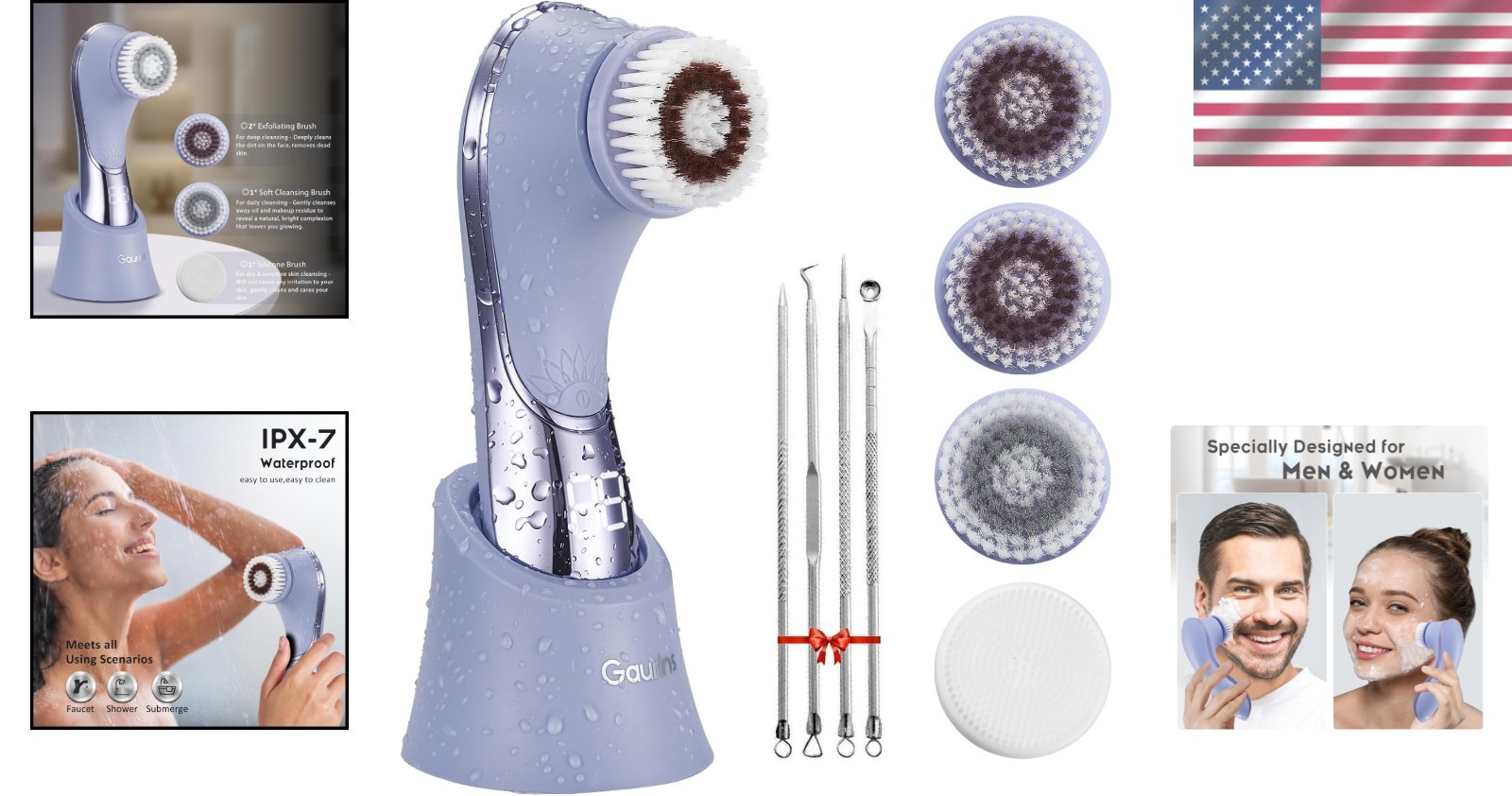 Rechargeable Waterproof Facial Cleansing Brush with 4 Brush Heads – Deep Cleanse