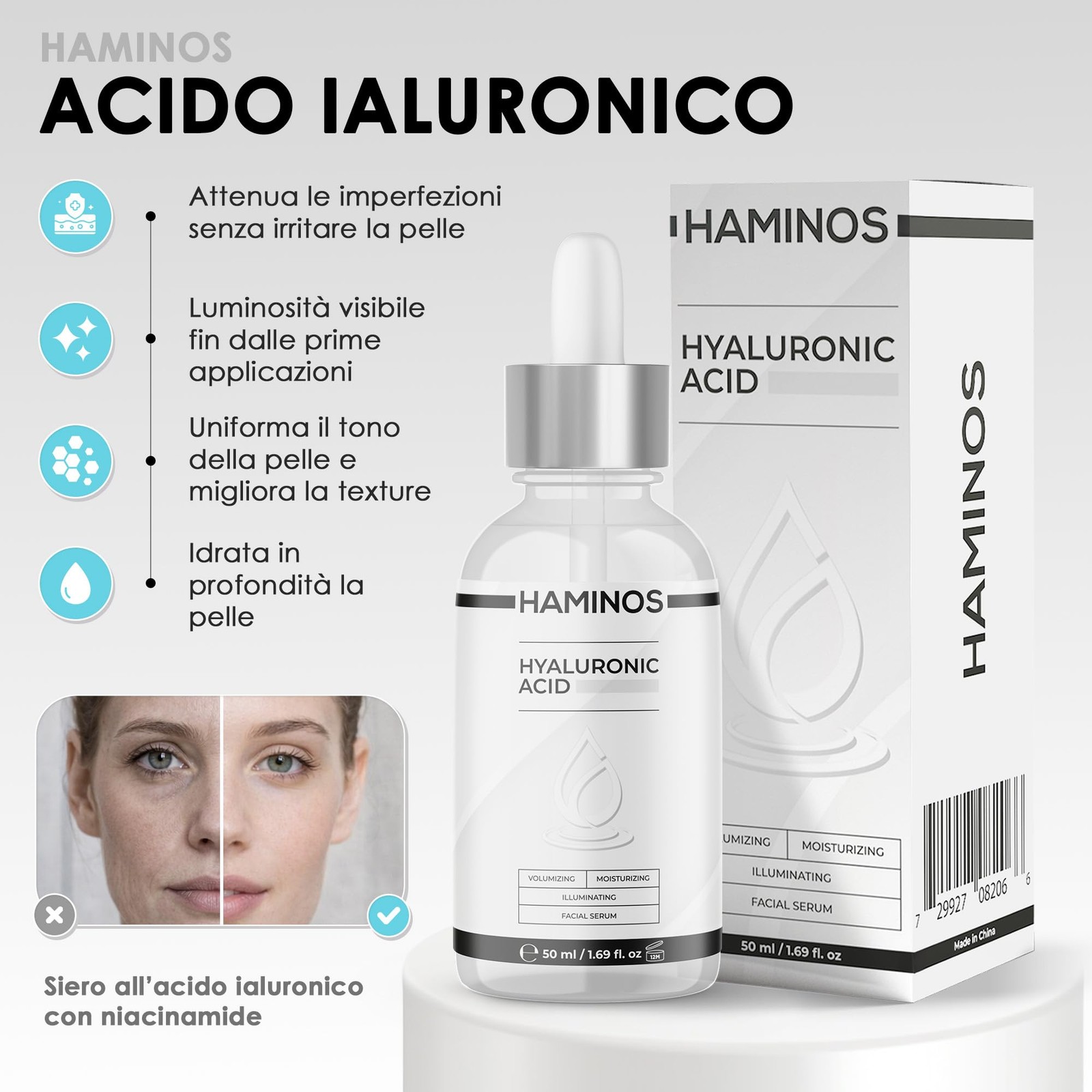 HAMINOS Facial Massager with Hyaluronic Acid Serum, 4-in-1 Face Massager…