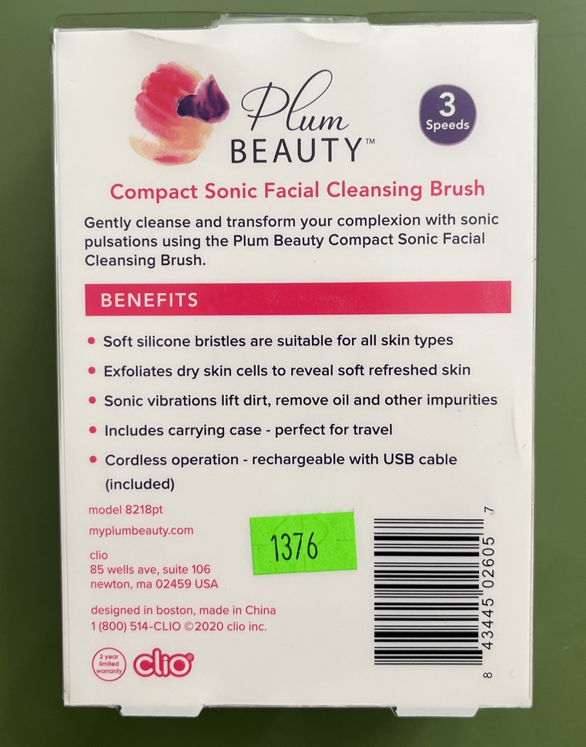 Plum Beauty Compact Sonic Facial Cleansing Brush Purple Rechargeable 3 Speeds