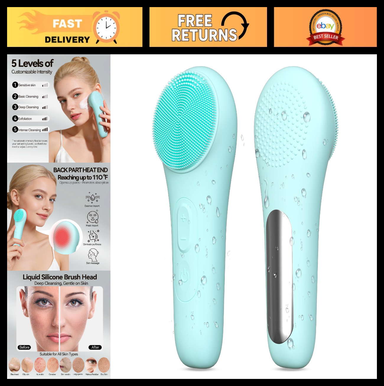 Rechargeable Silicone Facial Cleansing Brush – 5 Modes, Waterproof, Heat Massage