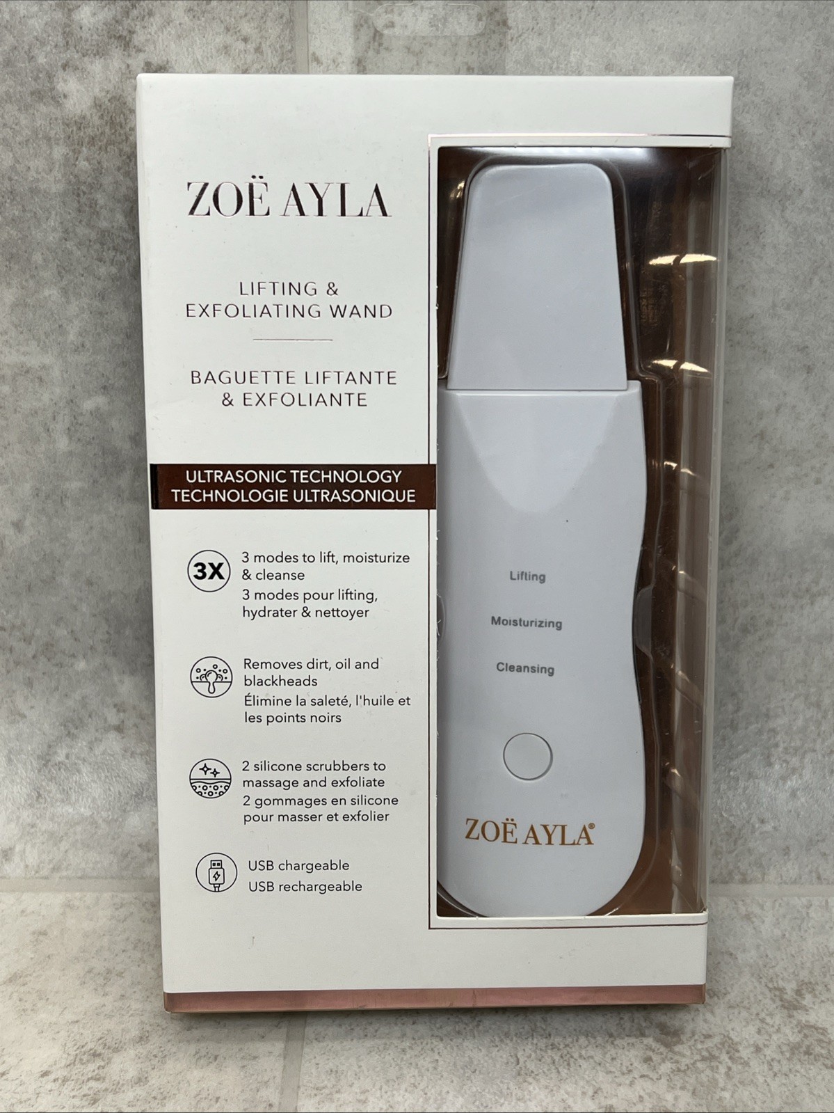 Zoe Ayla Face Lifting & Exfoliating Wand w/ Ultrasonic Tech Rechargeable New