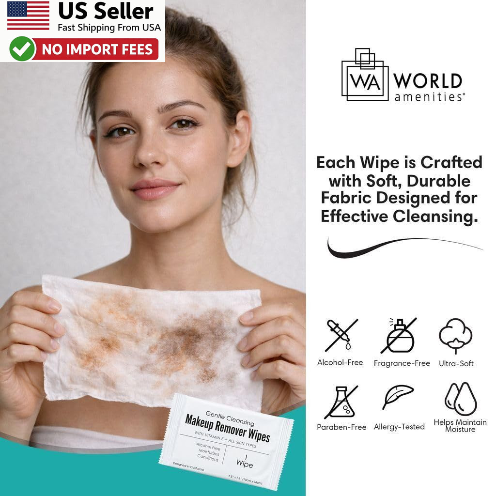 World Amenities Makeup Remover Wipes 50ct Alcohol Free Vitamin E FROM USA