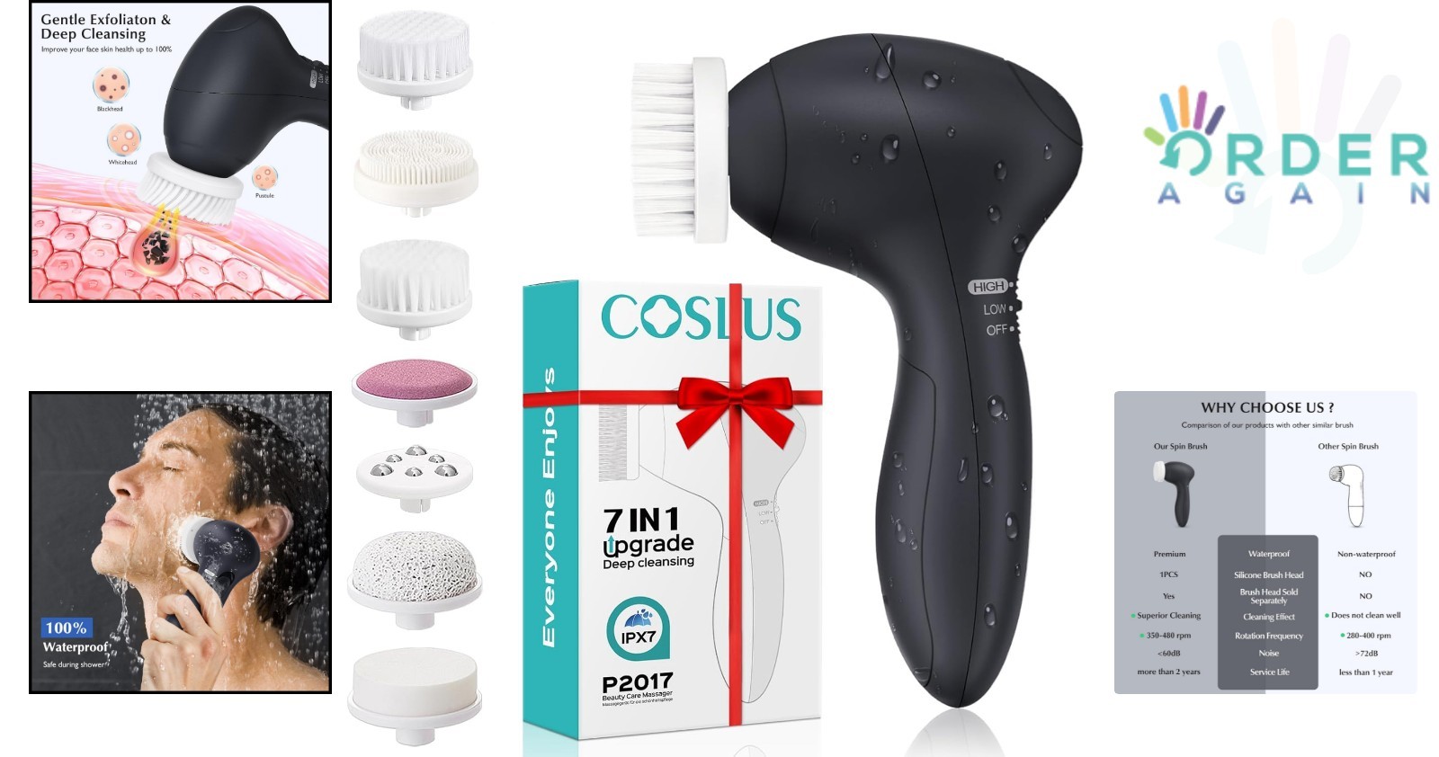 Facial Cleansing Brush Silicone 7-in-1 Deep Pore Exfoliating Waterproof Skin …
