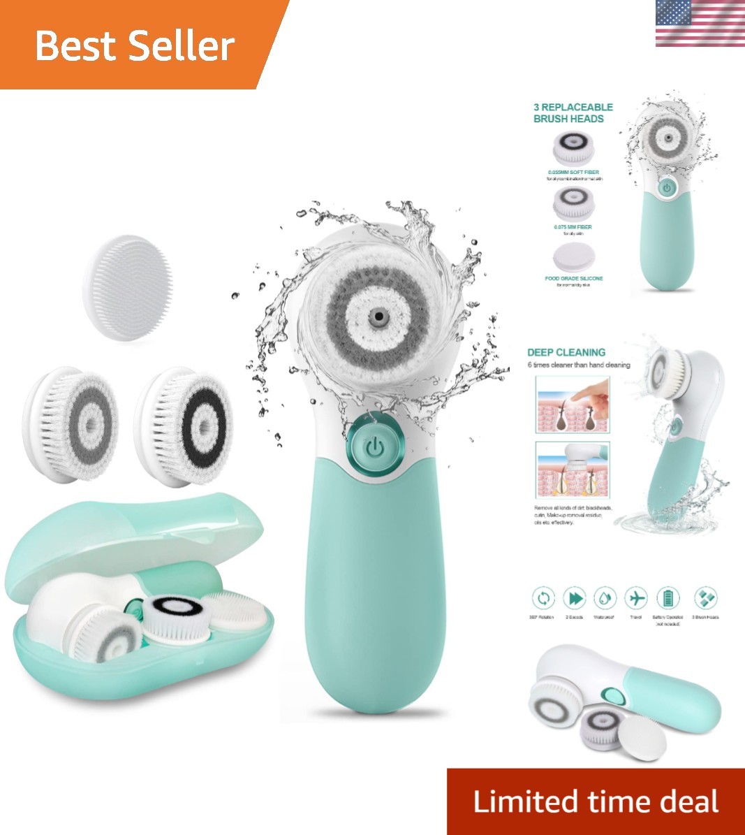 Compact Facial Cleansing Massage Brush – 3 Brush Heads & 2 Speeds Adjustable