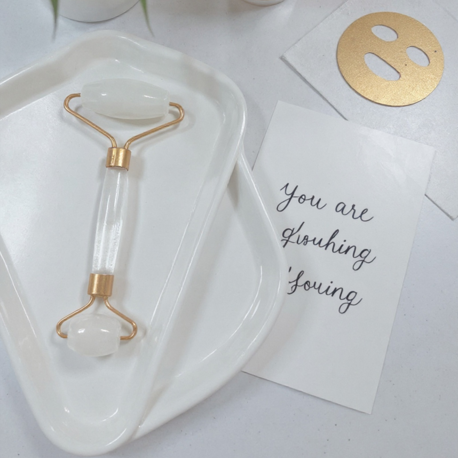 Natural Clear Quartz Facial Roller, Natural Stone, Gold-Toned Frame