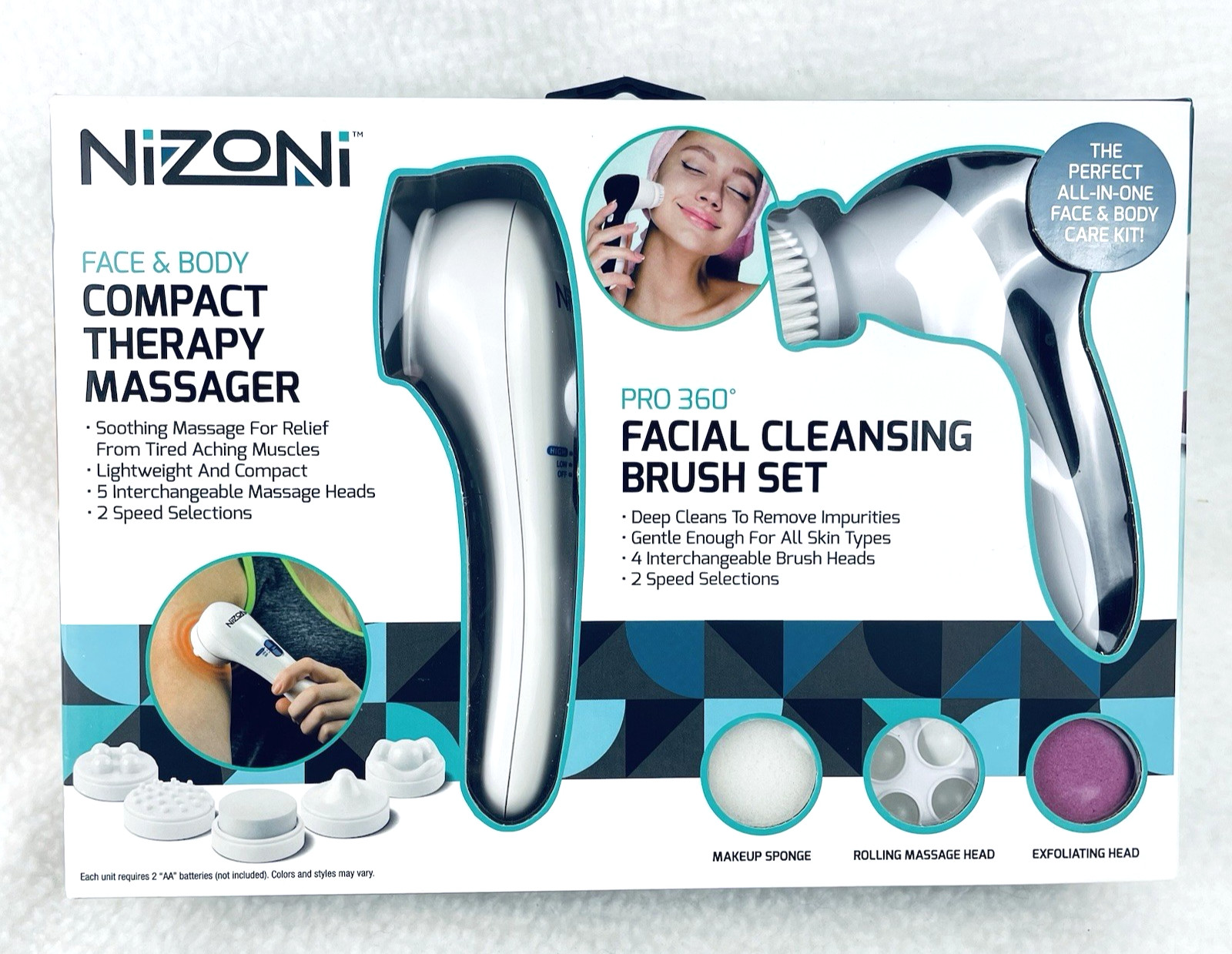 NIZONI Face & Body Compact Therapy Massager + Pro 360 Facial Cleansing Brush Set
