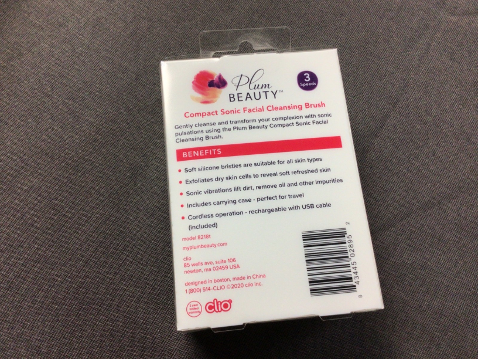 New Plum Beauty Purple Compact Sonic Facial Cleansing Brush Rechargeable 3 Speed