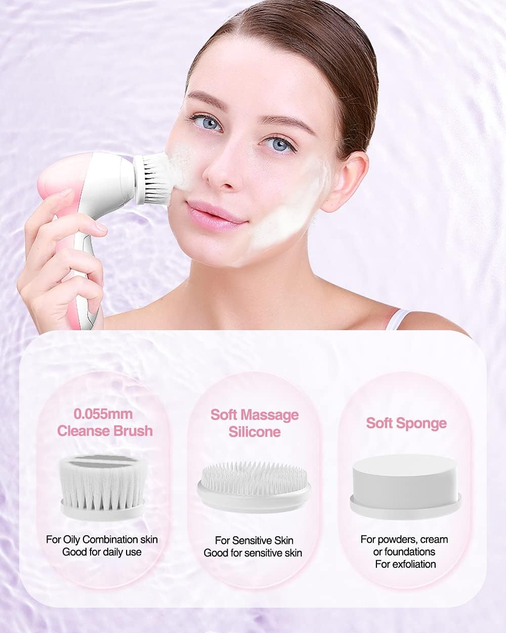 Electric Facial Cleansing Brush for Women, 3-in-1 Face Cleanser and Exfoliator B