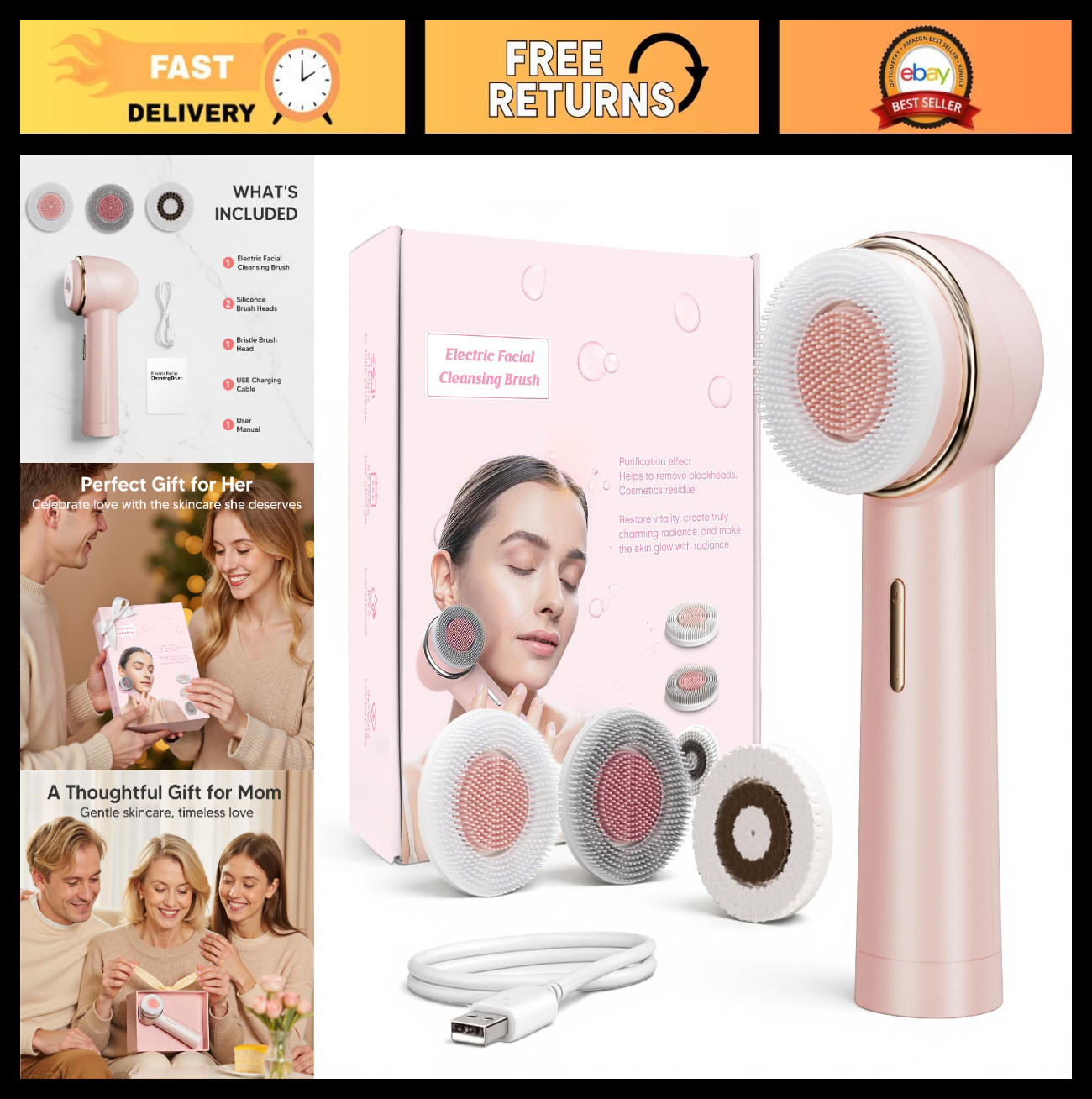 Rechargeable Waterproof Electric Facial Cleansing Brush, Dual Rotating Scrubber,