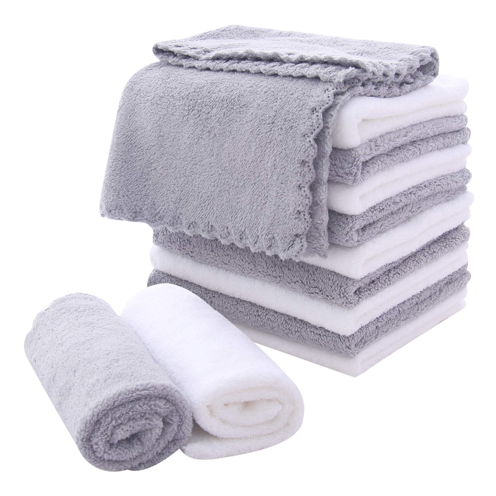 MOONQUEEN Microfiber Facial Cloths Fast 12×12 Inch (Pack of 12), White-grey