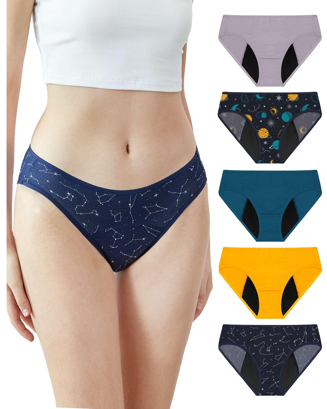 Neione Period Underwear for Women, Leakproof Menstrual Medium, 5-pk Galaxy