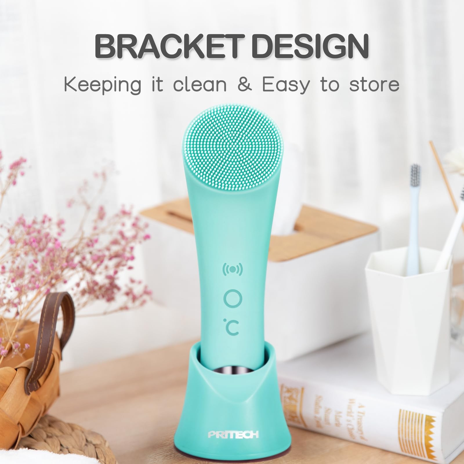 PRITECH Silicone Face Scrubber, Rechargeable Facial Cleansing Brush Green