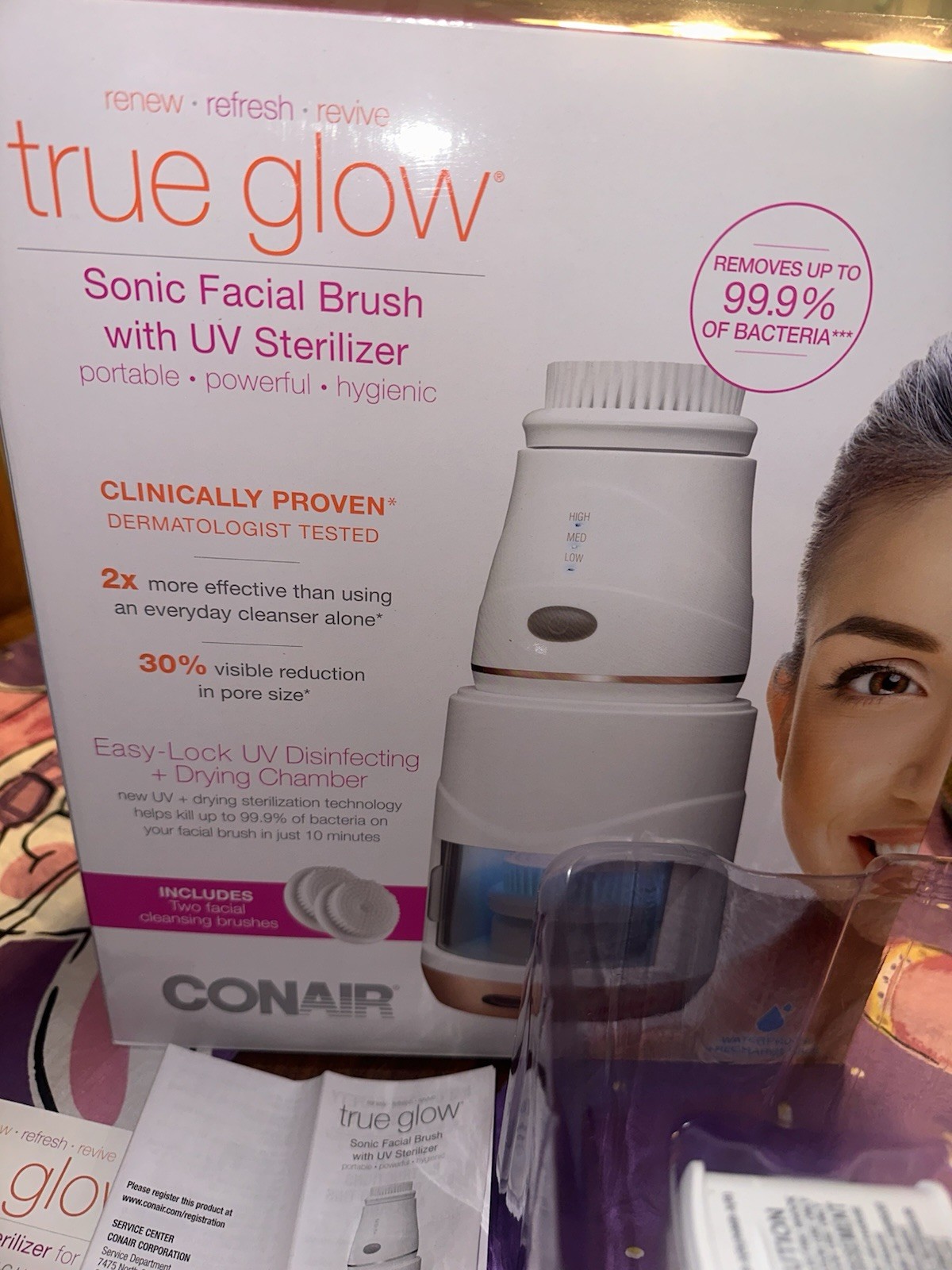 New! True Glow Conair Sonic Facial Brush with UV Sterilizer- Plus Accessories
