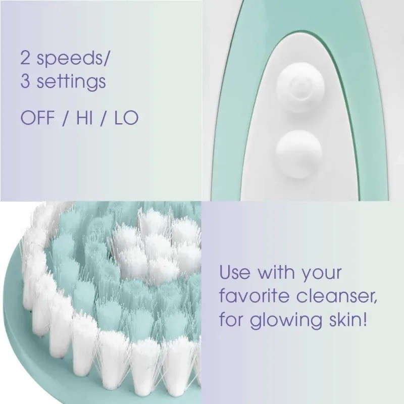 Conair True Glow Battery Facial Brush, Waterproof, 2 Speeds, 3 Heads, Mint Green