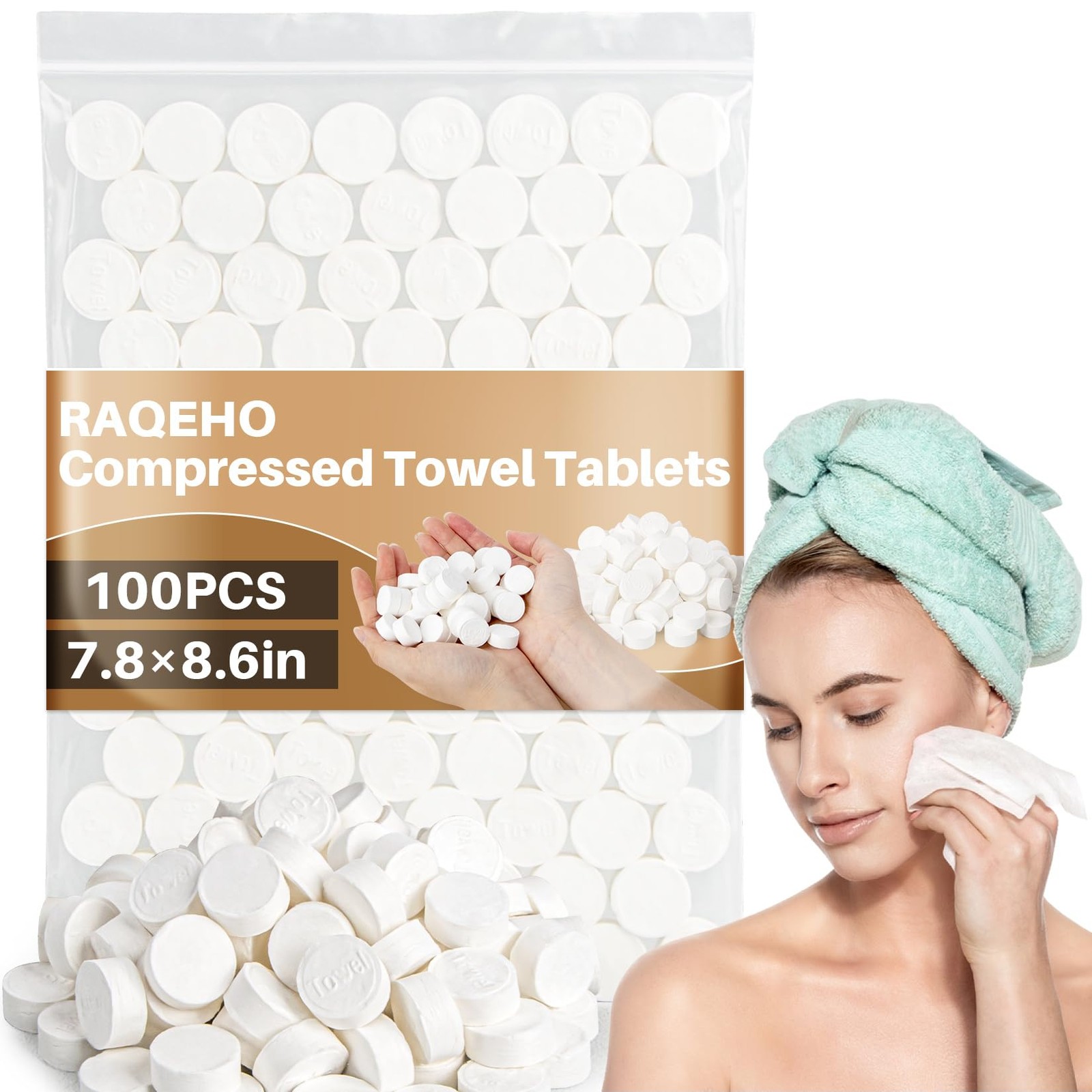 RAQEHO 100 Compressed Towel Tablets – Disposable 1 Count (Pack of 100), White