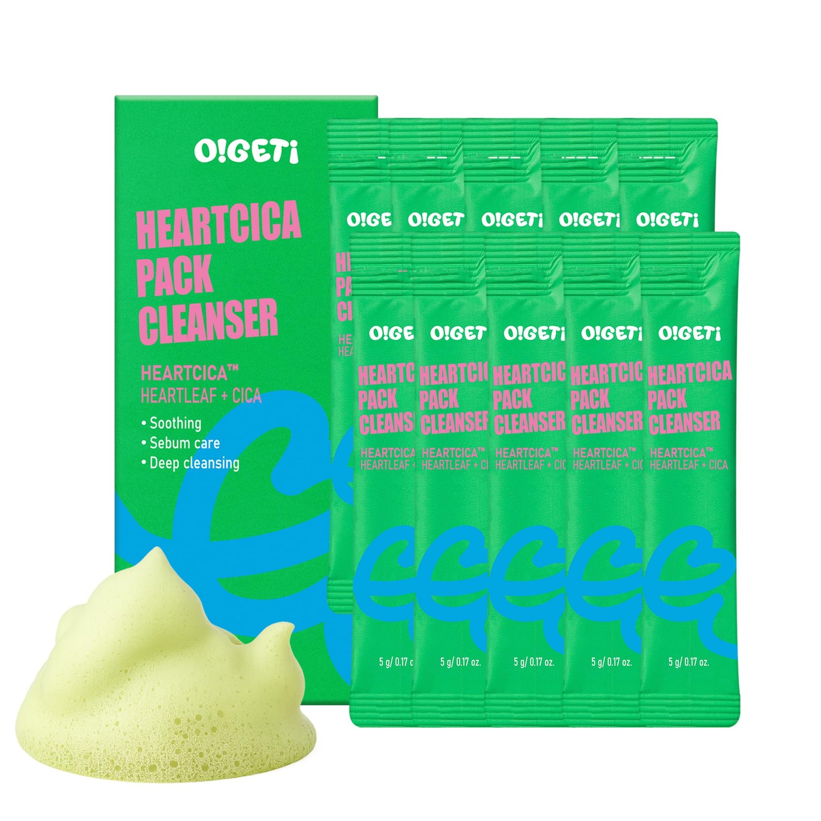O!GETi HeartCica Pack Cleanser, Bubble Foaming Facial 0.02 Fl Oz (Pack of 10)