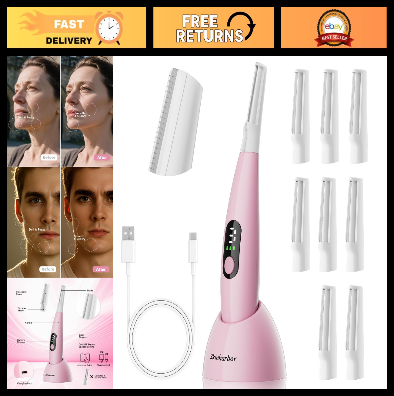 Women’s Sonic Dermaplane Razor – Facial Exfoliation, Peach Fuzz Removal, 3 Speed