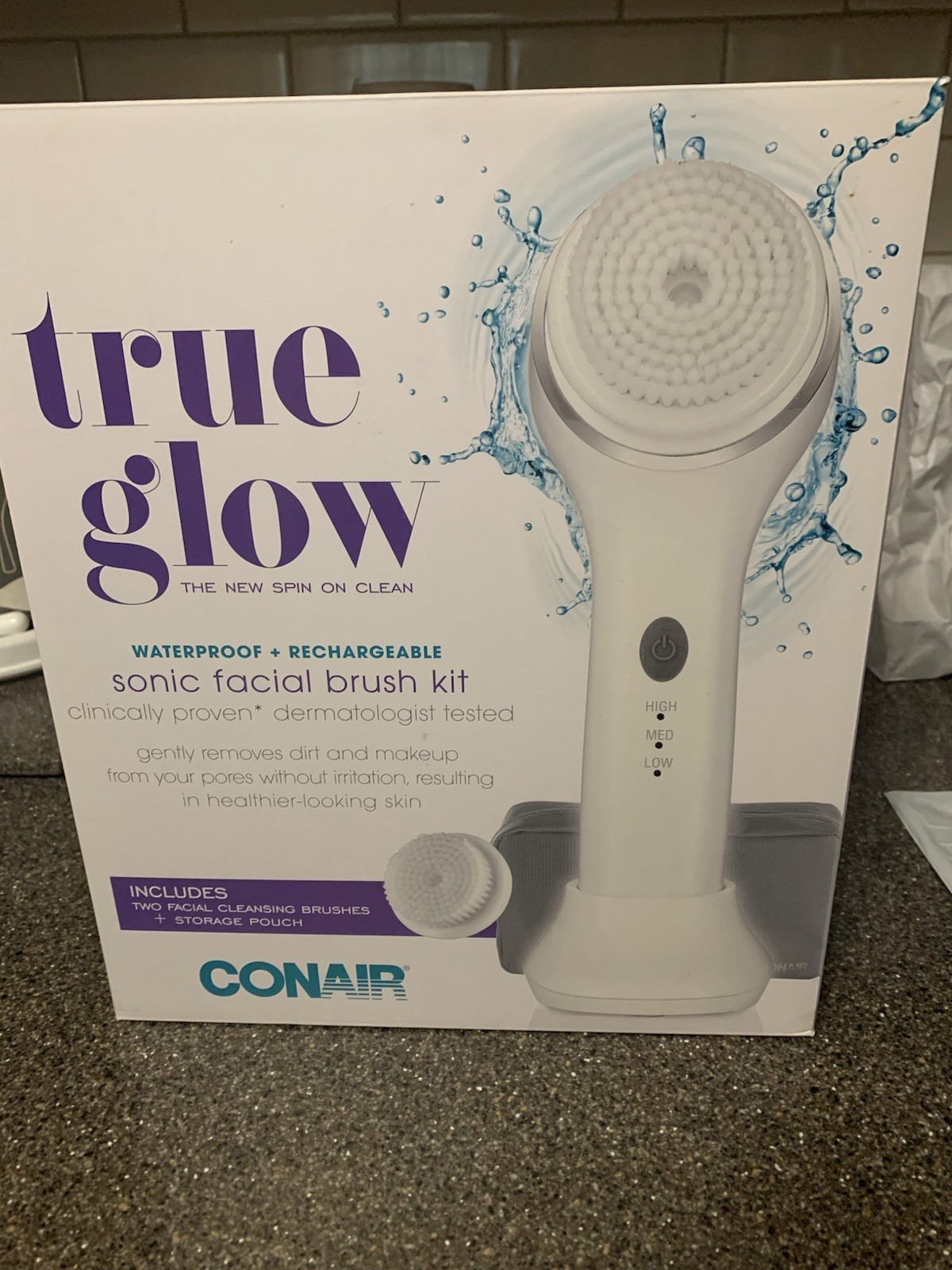 Conair True Glow Sonic Facial Brush Kit Waterproof Rechargeable 3-Speed White