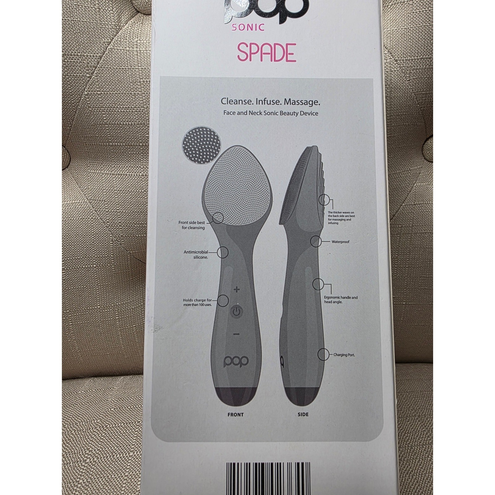 Pop Sonic Spade Face and Neck Sonic Beauty Device Grey Cleanse Infuse Massage C1