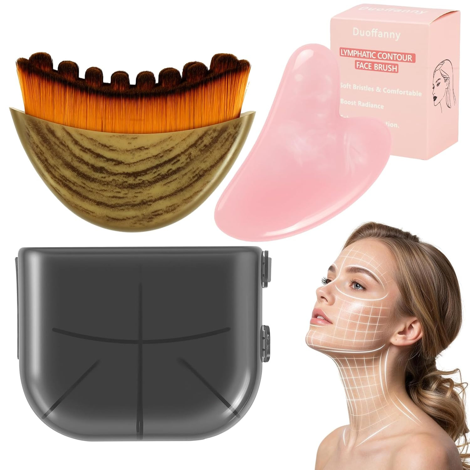 Lymphatic Contour Face Brush and Gua Sha Set, 2-in-1 Manual Facial Brushes fo…