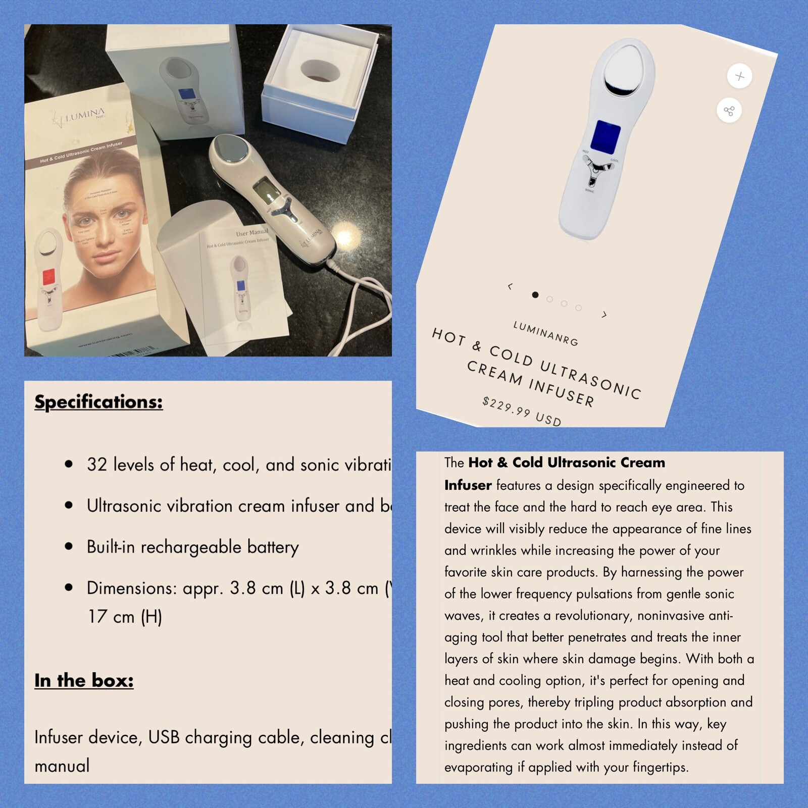 LUMINA NRG Anti Aging Hot Cold Eye Face Dual UltraSonic Cream Infuser Skin Body