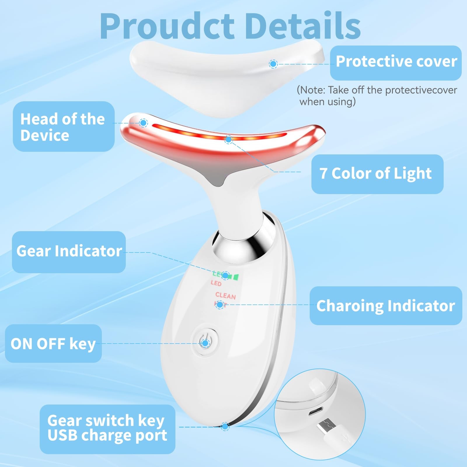 Face and Neck Massager T𝗈𝗈I, 7 C𝗈I𝗈r Facial for White