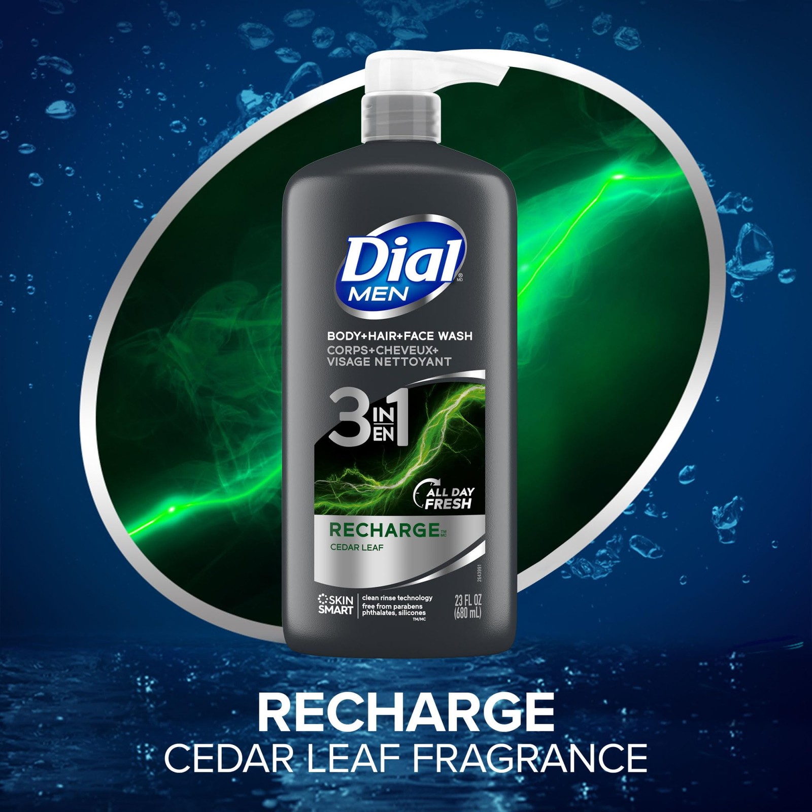 Dial Men 3in1 Body, Hair and Face Wash, Recharge, 69 fl 23 Fl Oz (Pack of 3)