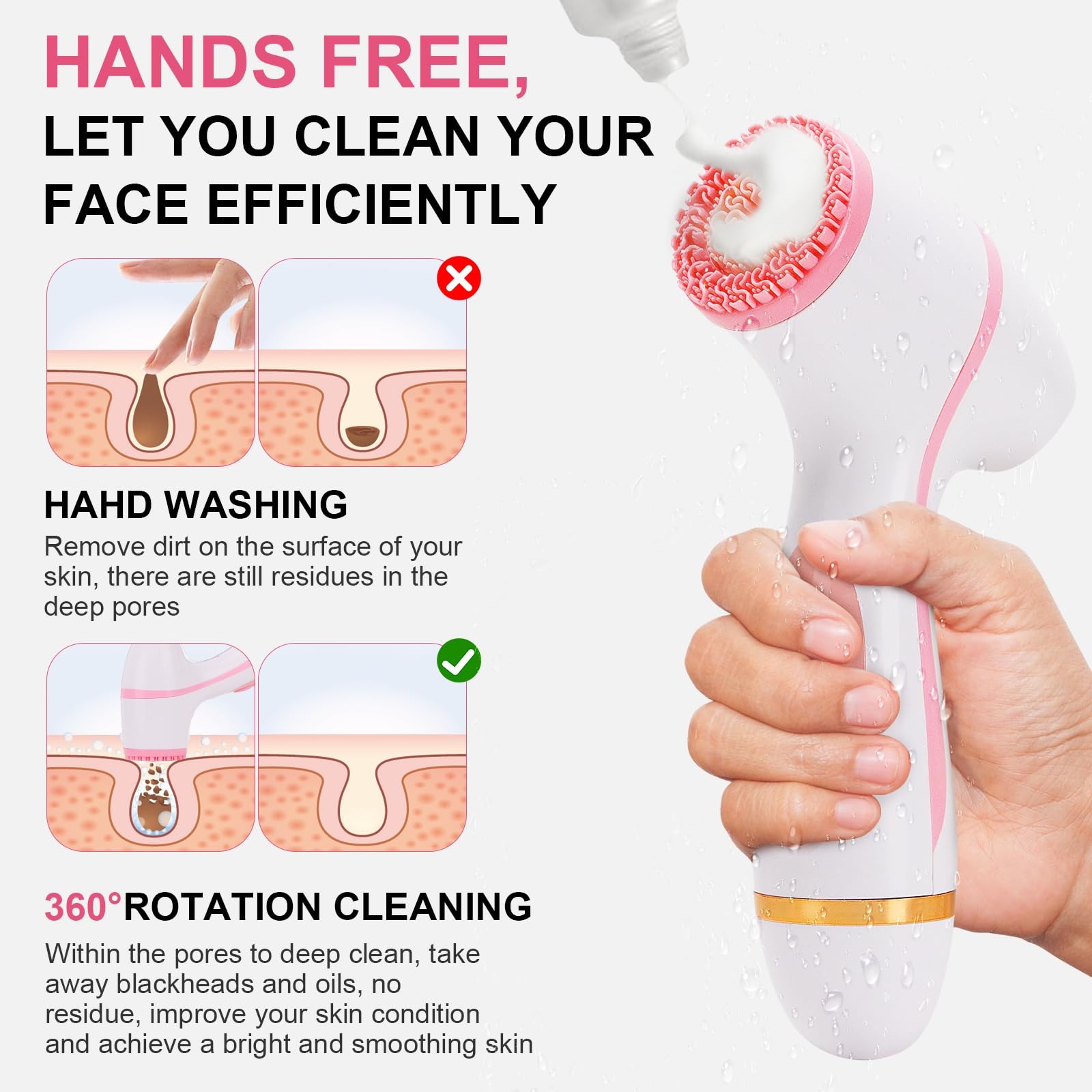 Facial Cleansing Brush, 3 in 1 Electric Face Scrubber with 3 Brush Heads Pink