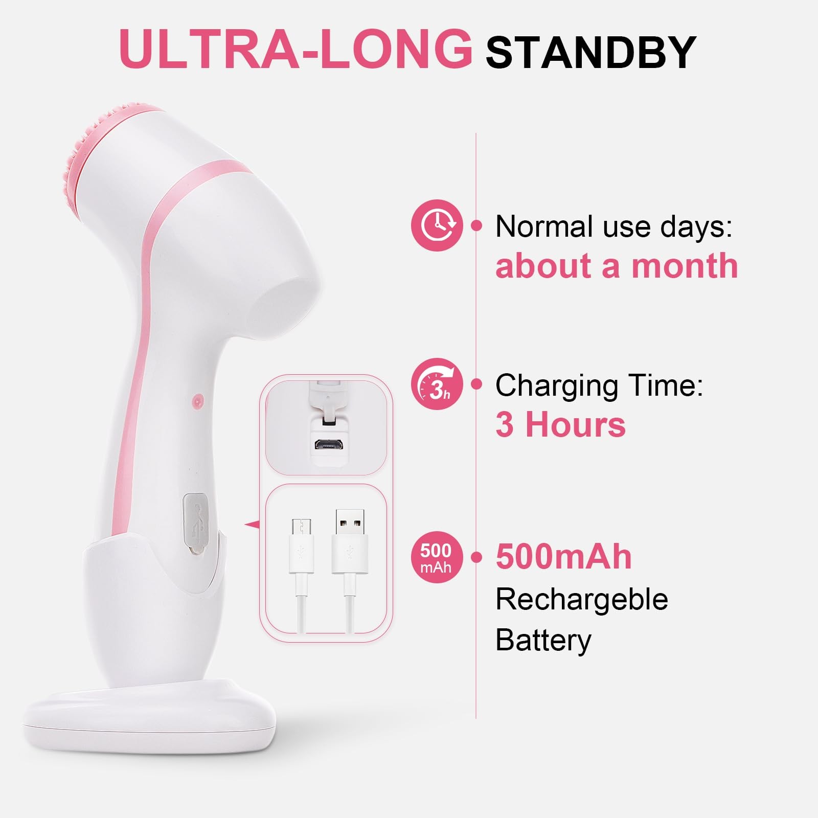 Facial Cleansing Brush, 3 in 1 Electric Face Scrubber with 3 Brush Heads Pink