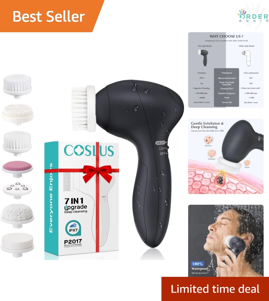 Facial Cleansing Brush Silicone 7-in-1 Deep Pore Exfoliating Waterproof Skin …