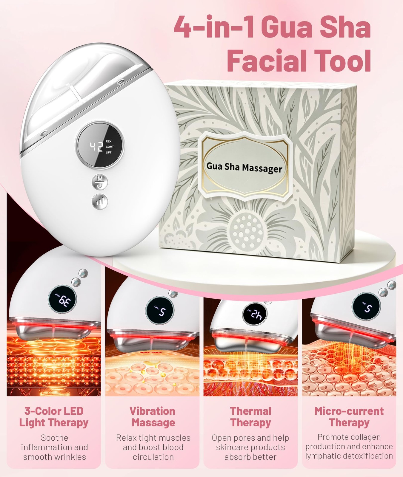 Jobazok 4-in-1 Red Light Therapy for Face and Neck, Gua Sha Facial Tool White