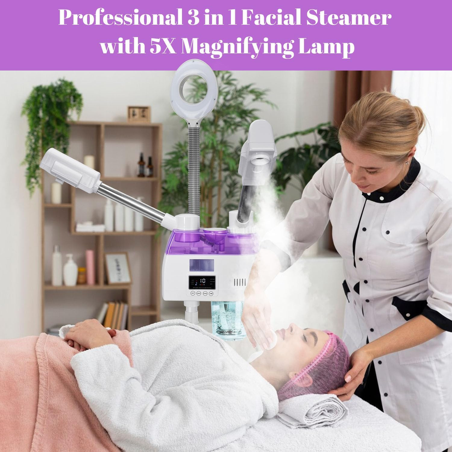 3 in 1 Facial Steamer,Professional Facial Steamer with 5X Magnifying LED Lamp, E
